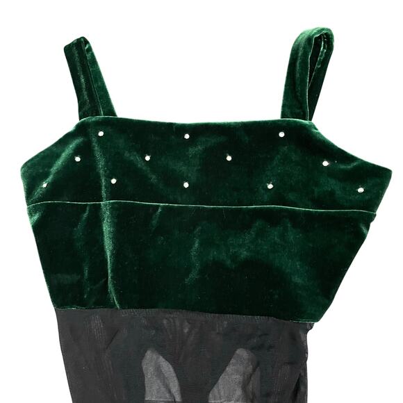 Geneva Vintage Tank Bodysuit Dark Green Velvet Mesh Thong Rhinestone Women's S - Picture 3 of 8